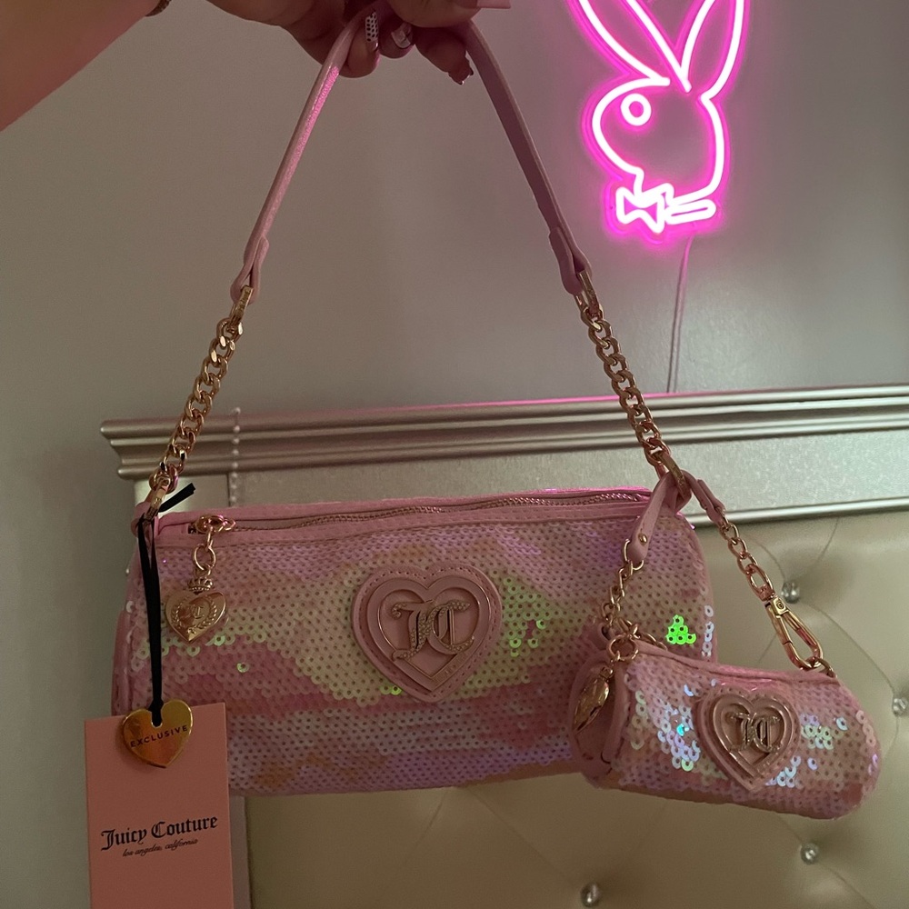 Juicy Couture pink sequin barrel and mini barrel bag